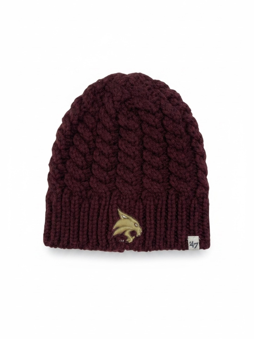 '47 | Texas State Bobcats Maroon Cable Knit Beanie with Gold Mascot Patch